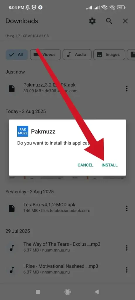 install button to pakmuzz apk in android